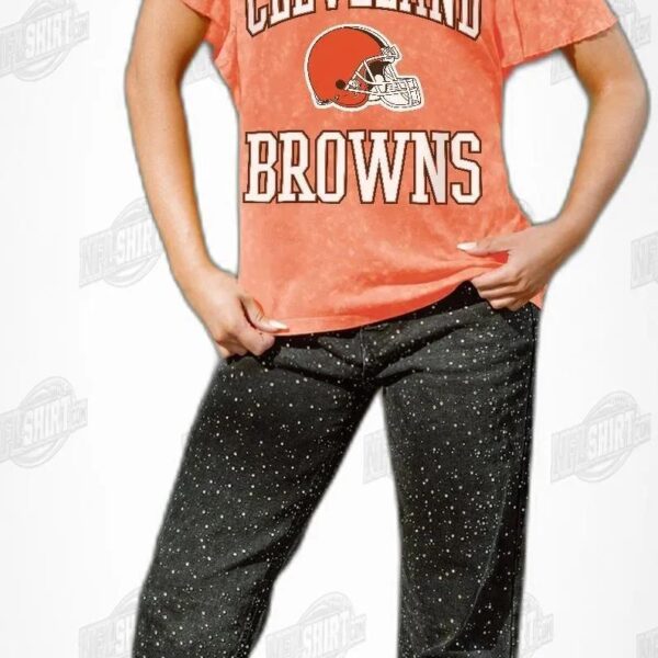 CLEVELAND BROWNS VICTORY MODE FLUTTER SLEEVE IN ORANGE NFL Shirt - Football Fan Tee 1