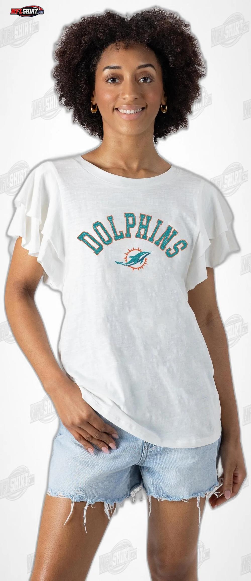 White Valkyrie Ruffle Sleeve Knit Top Miami Dolphins Shirt White Valkyrie Ruffle Sleeve Knit Top Miami Dolphins Shirt